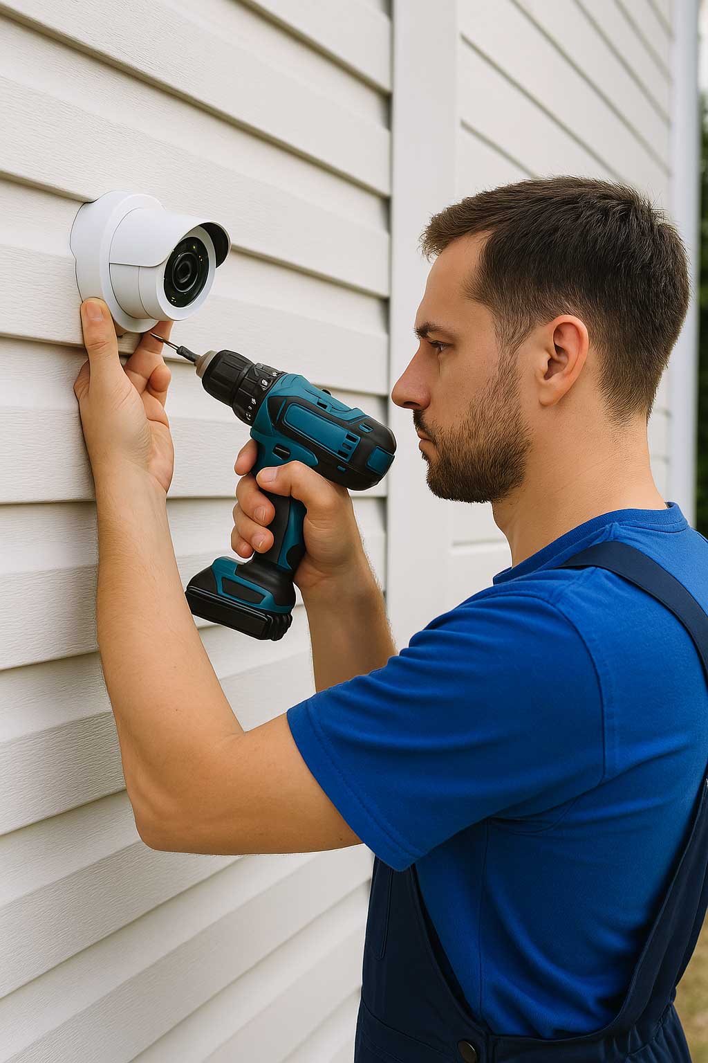 A technician in blue overalls uses a drill to install a security camera.